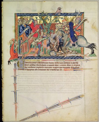 Ms L.A. 139-Lisboa fol.26 Exterminans kijkt toe hoe de ruiters de twee getuigen vertrappen, uit de Gulbenkian Apocalyps, ca. 1265-70 door English School